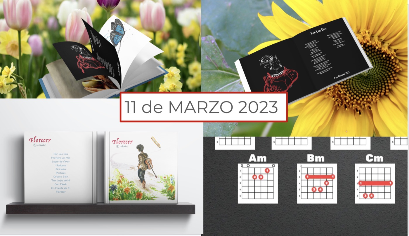 Páginas del libro-disco Florecer, con letras, acordes e ilustraciones